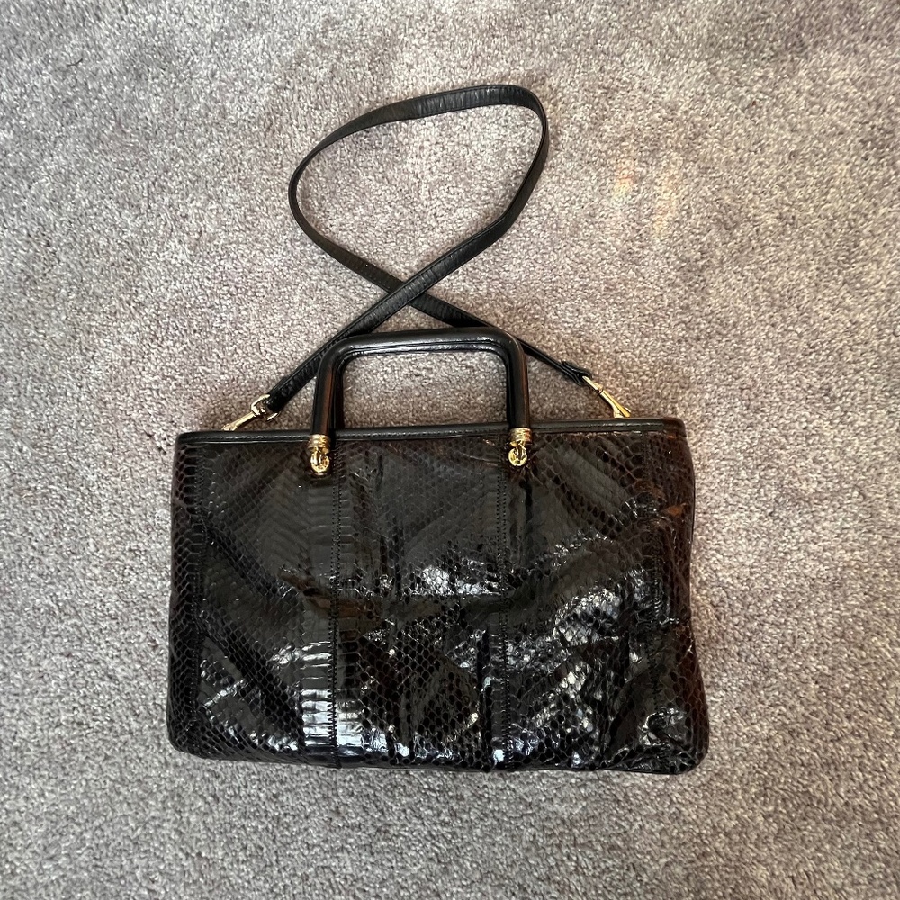 Vintage Italian Margolm black snake skin  clutch with strap 12x7.5 inch